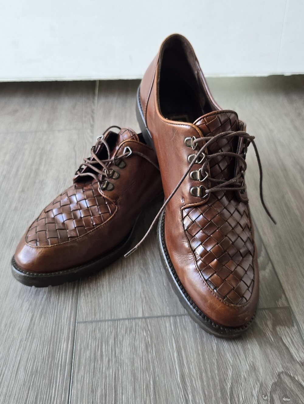 Cole Haan Vintage Woven Leather Oxfords Brown Narrow Made in Italy Sz 9.5 AA